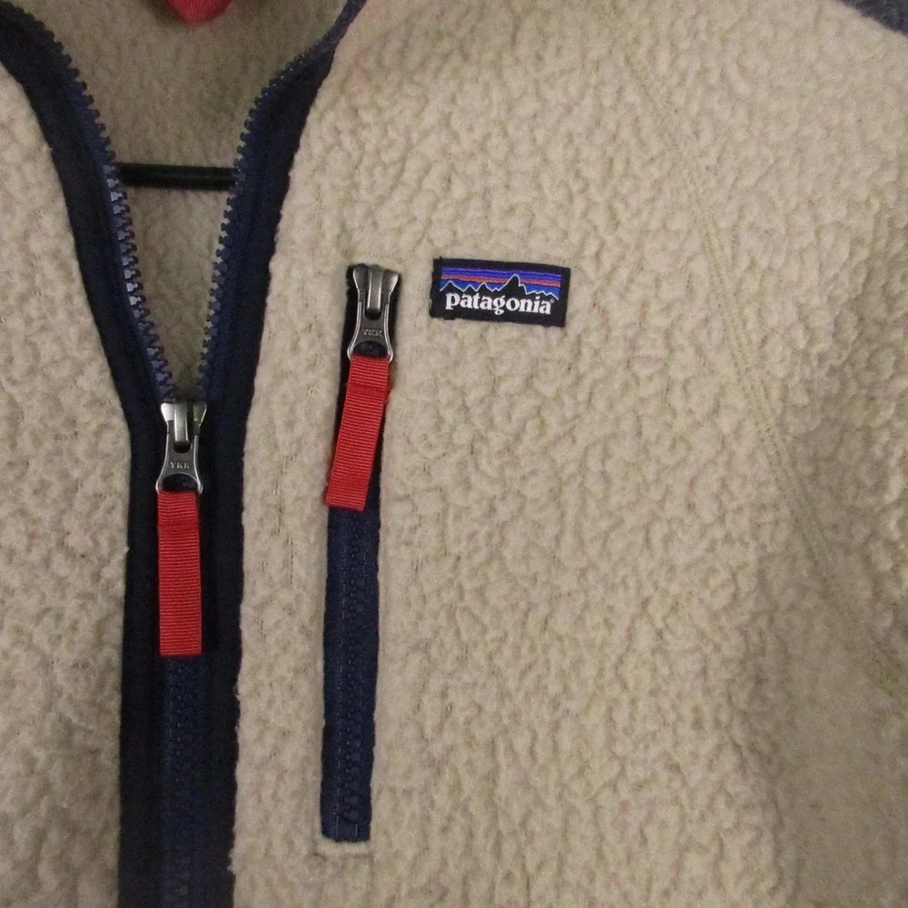 Patagonia Jacket Kids XL 14 Beige Sherpa Fleece Full Zip Pockets Winter Outdoor